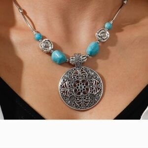 SOUTHERN BLING GAL Turquoise Round Charm Necklace Antique Silver